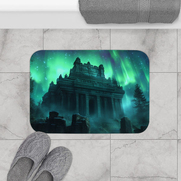 Temple Hidden in Aurora Borealis — Memory Foam Bath Mat — Modern Bathroom Floor Lifestyle View