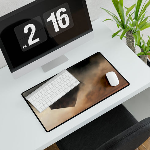 Tesseract Floating in Desert Storm — XL & XXL Desk Mat — Gaming & Workspace Desk Setup View