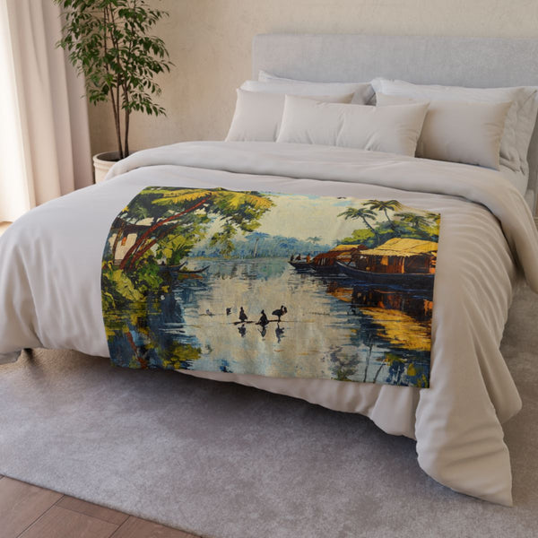 The Backwaters Kerala Painting Maze of Increasingly — 50×60 Plush Throw Blanket — Draped Over Sofa & Bed Lifestyle View