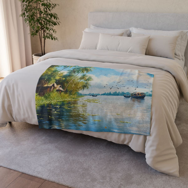 The Backwaters Kerala Painting Maze of Increasingly — 50×60 Plush Throw Blanket — Draped Over Sofa & Bed Lifestyle View