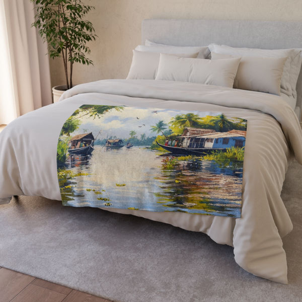 The Backwaters Kerala Painting Maze of Increasingly — 50×60 Plush Throw Blanket — Draped Over Sofa & Bed Lifestyle View