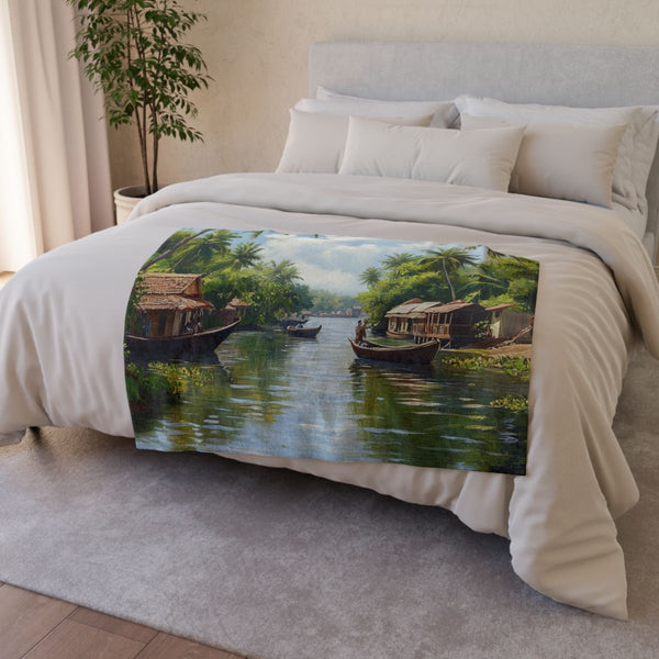 The Backwaters Kerala Painting Maze of Increasingly — 50×60 Plush Throw Blanket — Draped Over Sofa & Bed Lifestyle View