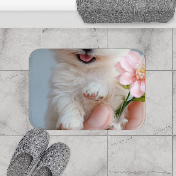 The Worlds Smallest Laughing Baby Poodle Puppy Perch — 61×43 Memory Foam Bath Mat — Modern Bathroom Floor Lifestyle View