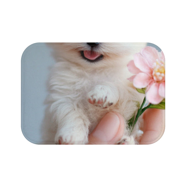 The Worlds Smallest Laughing Baby Poodle Puppy Perch — 61×43 Memory Foam Bath Mat — Top-Down Velvet Microfibre Artwork View