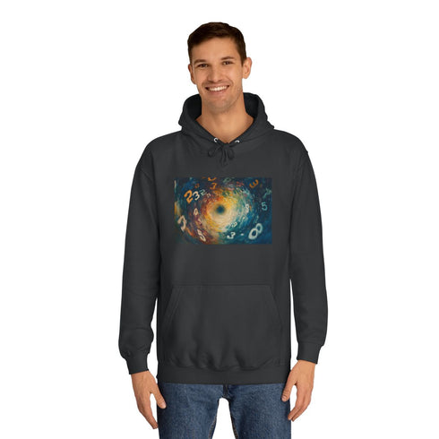 Time Vortex with Melting Numbers Graphic Unisex College Hoodie - Lifestyle Model View