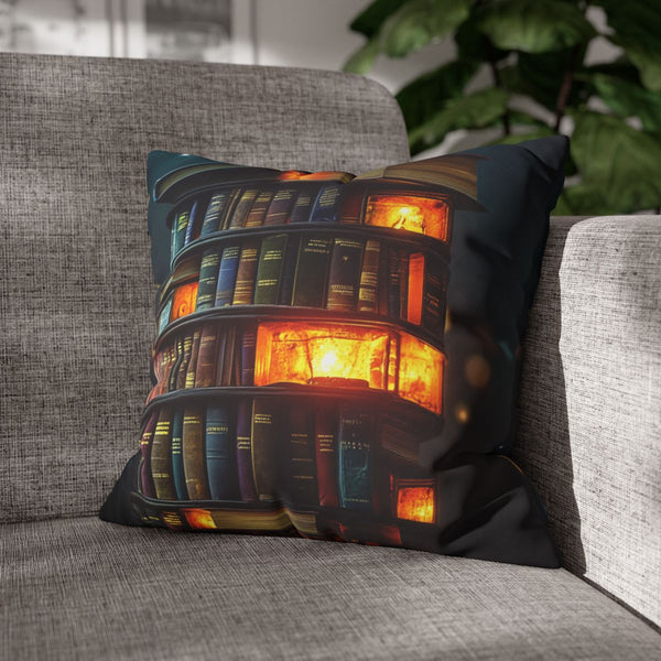 Tower of Books Glowing from Within (Edition II) — Double-Sided Cushion Cover — Sofa & Armchair Living Room Lifestyle View