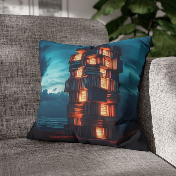 Tower of Books Glowing from Within (Edition III) — Double-Sided Cushion Cover — Sofa & Armchair Living Room Lifestyle View