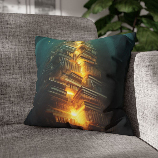 Tower of Books Glowing from Within (Edition IV) — Double-Sided Cushion Cover — Sofa & Armchair Living Room Lifestyle View