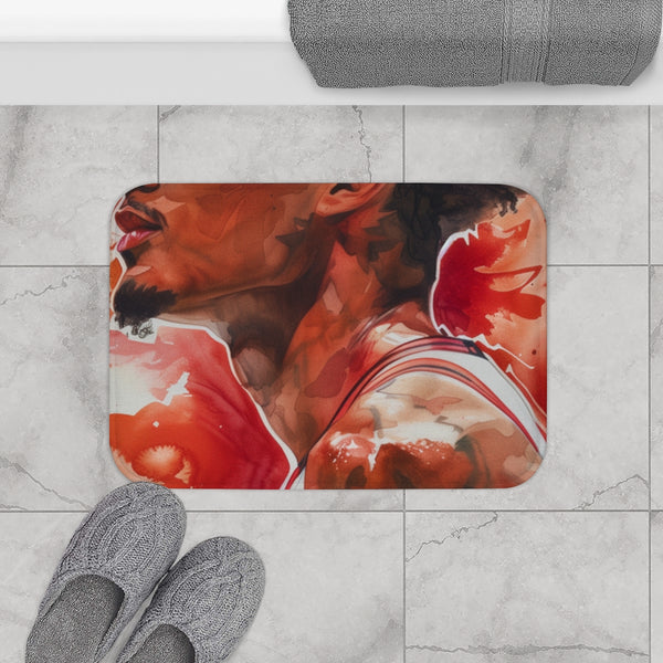 Trae Young Watercolor Full Body — Memory Foam Bath Mat — Modern Bathroom Floor Lifestyle View