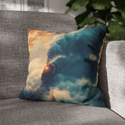 Train Riding Rails Through the Clouds — 40×40 Cushion Cover — Sofa & Living Room Lifestyle View