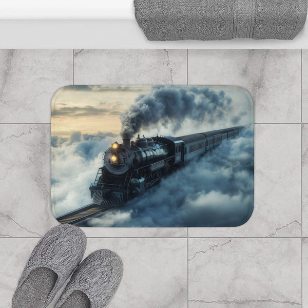 Train Riding Rails Through the Clouds (Edition II) — 61×43 Memory Foam Bath Mat — Modern Bathroom Floor Lifestyle View