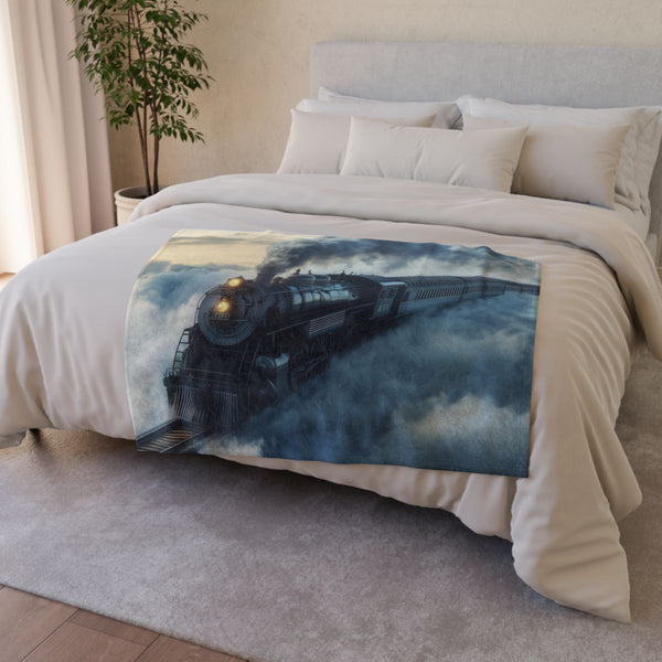 Train Riding Rails Through the Clouds (Edition II) — 50×60 Plush Throw Blanket — Draped Over Sofa & Bed Lifestyle View