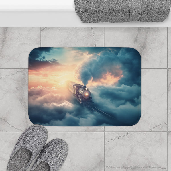 Train Riding Rails Through the Clouds (Edition III) — 61×43 Memory Foam Bath Mat — Modern Bathroom Floor Lifestyle View