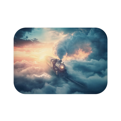 Train Riding Rails Through the Clouds (Edition III) — 61×43 Memory Foam Bath Mat — Top-Down Velvet Microfibre Artwork View