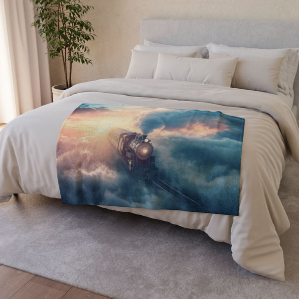 Train Riding Rails Through the Clouds (Edition III) — 50×60 Plush Throw Blanket — Draped Over Sofa & Bed Lifestyle View