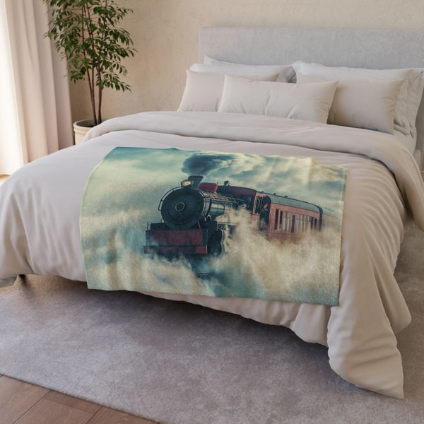 Train Riding Rails Through the Clouds (Edition IV) — Plush Fleece Throw Blanket — Drape over Sofa & Bed Lifestyle View