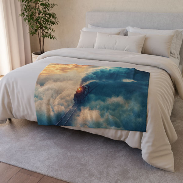 Train Riding Rails Through the Clouds — 50×60 Plush Throw Blanket — Draped Over Sofa & Bed Lifestyle View