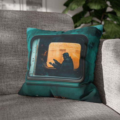 Mystical Train with Portals to Parallel Worlds — 40×40 Cushion Cover — Sofa & Living Room Lifestyle View