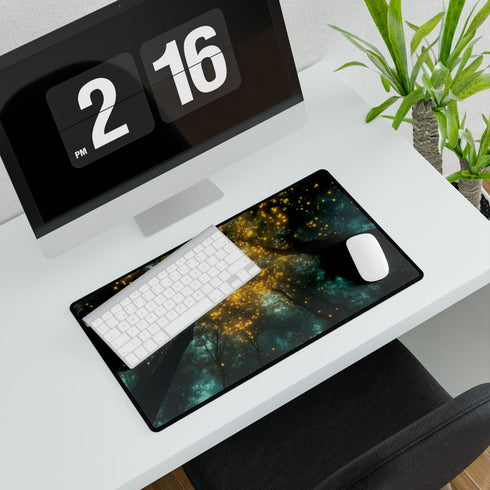 Tree Canopy Glowing Like City Lights — XL & XXL Desk Mat — Gaming & Workspace Desk Setup View