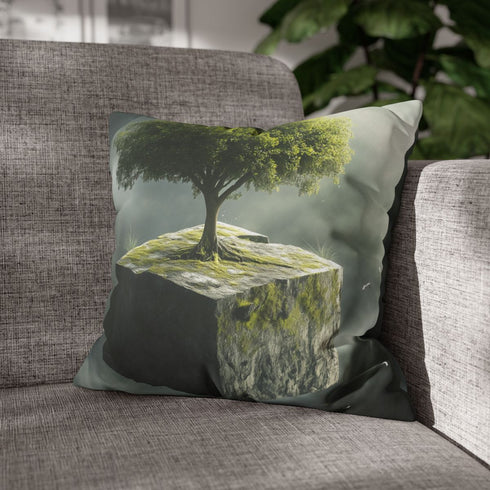 Tree Growing from Floating Cube — Faux Suede Cushion Cover — Sofa & Living Room Lifestyle View