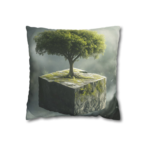 Tree Growing from Floating Cube — Faux Suede Cushion Cover — Front 40×40 cm Square Cushion View