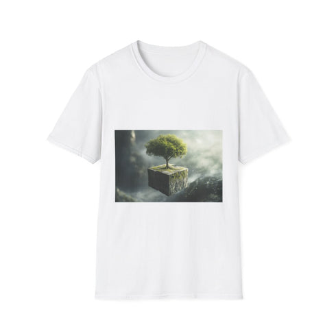 Tree Growing from Floating Cube — Graphic Cotton T-Shirt — Front Graphic Print View