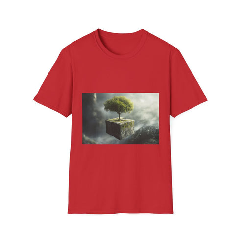 Tree Growing from Floating Cube — Graphic Cotton T-Shirt — 100% Ring-Spun Cotton Fabric & Print Detail