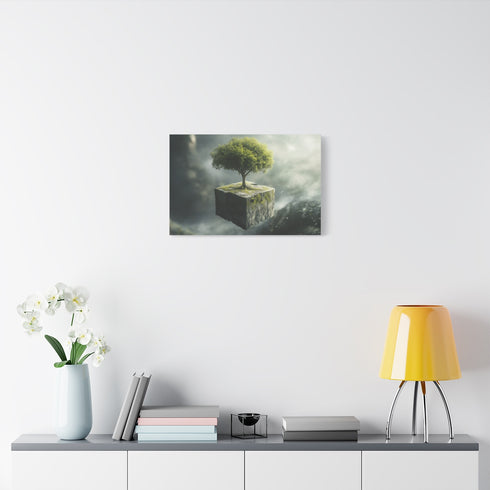 Tree Growing from Floating Cube — Stretched Canvas Wall Art — Living Room Wall Lifestyle View