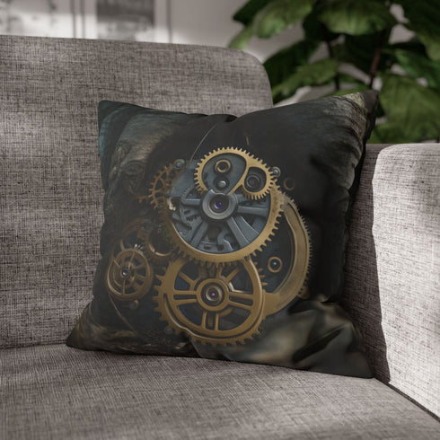 Tree Roots Growing into Clock Gears — 40×40 Cushion Cover — Sofa & Living Room Lifestyle View