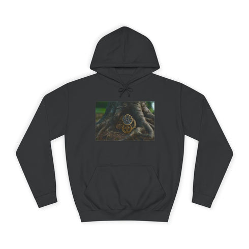 Tree Roots Growing Into Clock Gears Graphic Unisex College Hoodie - Jet Black Front