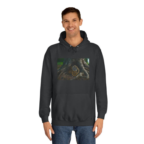 Tree Roots Growing Into Clock Gears Graphic Unisex College Hoodie - Lifestyle Model View