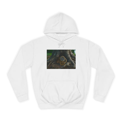 Tree Roots Growing Into Clock Gears Graphic Unisex College Hoodie - Arctic White Front