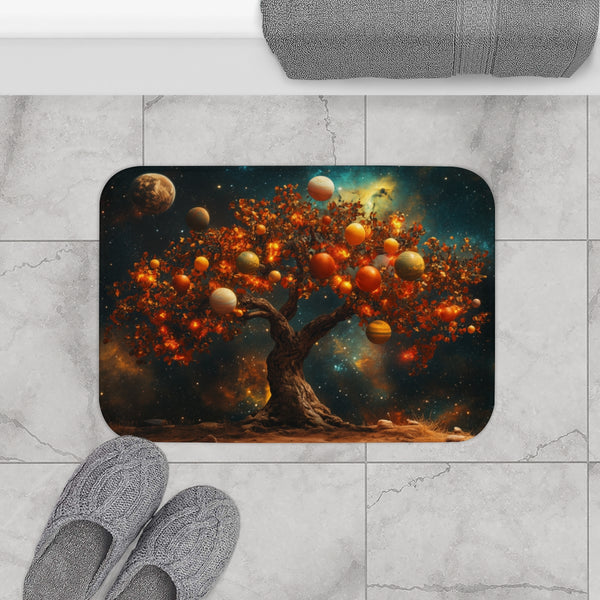 Tree with Planets Growing As Fruit — Memory Foam Bath Mat — Modern Bathroom Floor Lifestyle View