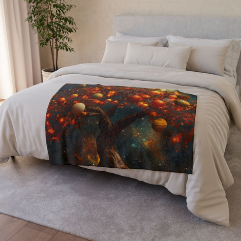 Tree with Planets Growing as Fruit — 50×60 Plush Throw Blanket — 300 GSM Plush Coral Fleece Texture Close-Up