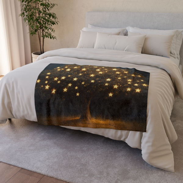 Tree with Stars Growing As Fruit — Plush Fleece Throw Blanket — Drape over Sofa & Bed Lifestyle View