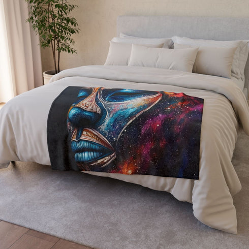 Tribal Mask Morphing into Galaxy (Edition II) — 50×60 Plush Throw Blanket — Draped Over Sofa & Bed Lifestyle View