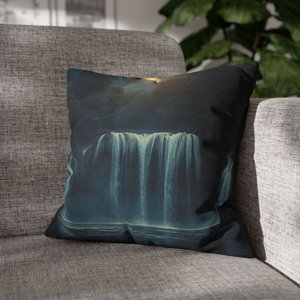Two Moons Eclipsing over Waterfalls (Edition III) — Double-Sided Cushion Cover — Sofa & Armchair Living Room Lifestyle View