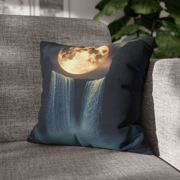Two Moons Eclipsing over Waterfalls (Edition IV) — Double-Sided Cushion Cover — Sofa & Armchair Living Room Lifestyle View
