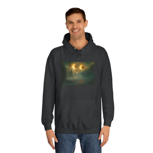 Two Moons Eclipsing over Waterfalls — Heavyweight Graphic Hoodie — Model Streetwear Fit View