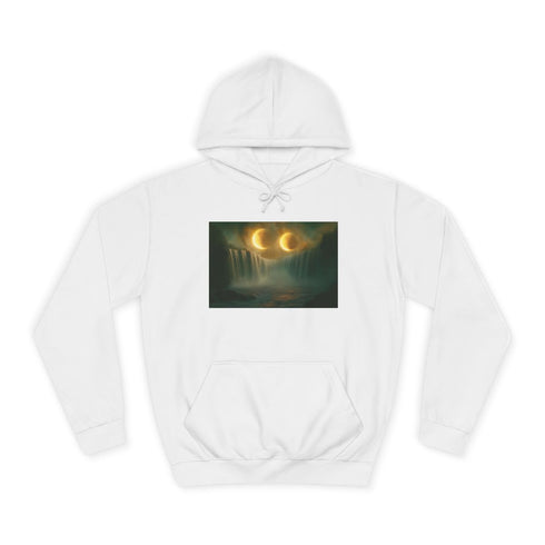 Two Moons Eclipsing over Waterfalls — Heavyweight Graphic Hoodie — Brushed-Fleece Hood & Pouch Pocket Detail