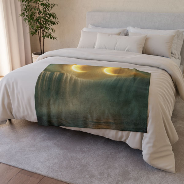 Two Moons Eclipsing over Waterfalls — Plush Fleece Throw Blanket — Drape over Sofa & Bed Lifestyle View