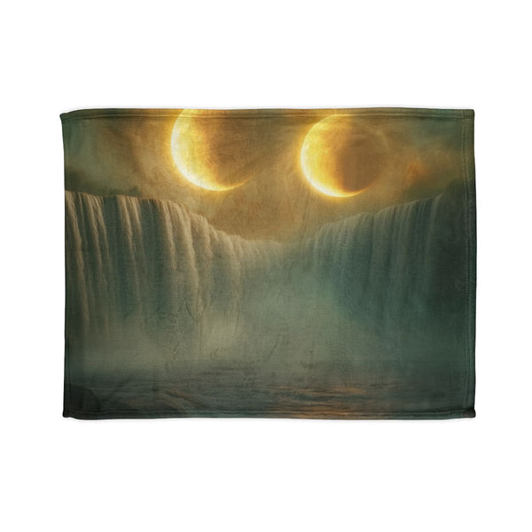Two Moons Eclipsing over Waterfalls — Plush Fleece Throw Blanket — Full Spread Plush Fleece Artwork View