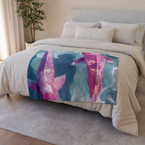 Two Pink Koi Fish in Crystal Clear Water Their Pink — 50×60 Plush Throw Blanket — Draped Over Sofa & Bed Lifestyle View