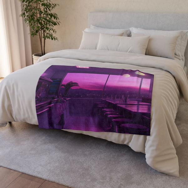 Vaporwave Diner on the Edge of the Universe (Edition II) — Plush Fleece Throw Blanket — Drape over Sofa & Bed Lifestyle View