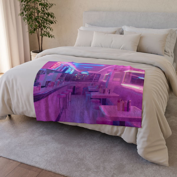 Vaporwave Diner on the Edge of the Universe — Plush Fleece Throw Blanket — Drape over Sofa & Bed Lifestyle View