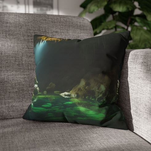 Illuminated Crystal Caverns & Underground Lake — 40×40 Cushion Cover — Sofa & Living Room Lifestyle View