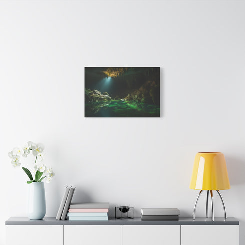Illuminated Crystal Caverns & Underground Lake — Stretched Canvas Wall Art — Living Room Wall Lifestyle View