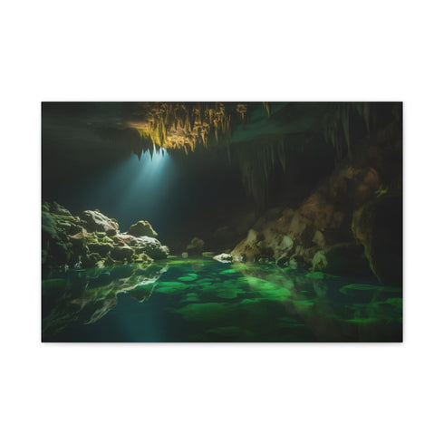 Illuminated Crystal Caverns & Underground Lake — 24×16 Canvas Wall Art — Front Gallery-Wrapped Canvas View