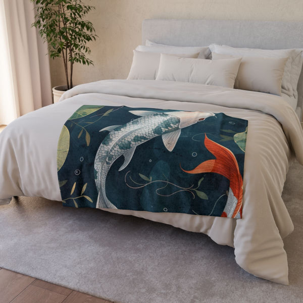 Vector Illustration of Koi Fish Simple Flat Style With — 50×60 Plush Throw Blanket — Draped Over Sofa & Bed Lifestyle View