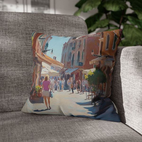 Venice Italy Main Squar Painting Sunny — 40×40 Cushion Cover — Sofa & Armchair Living Room Lifestyle View